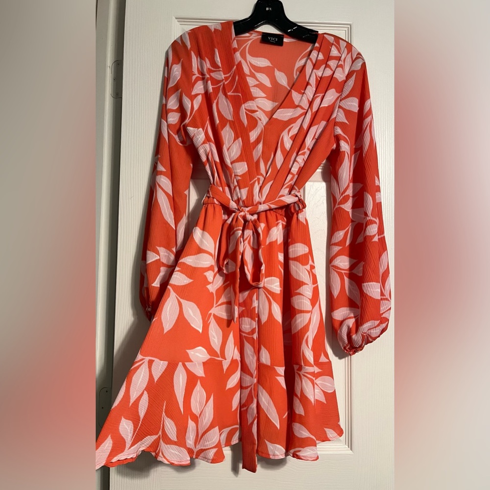 Vici Coral Orange Floral Wrap Dress with White Leaf Print. Size small